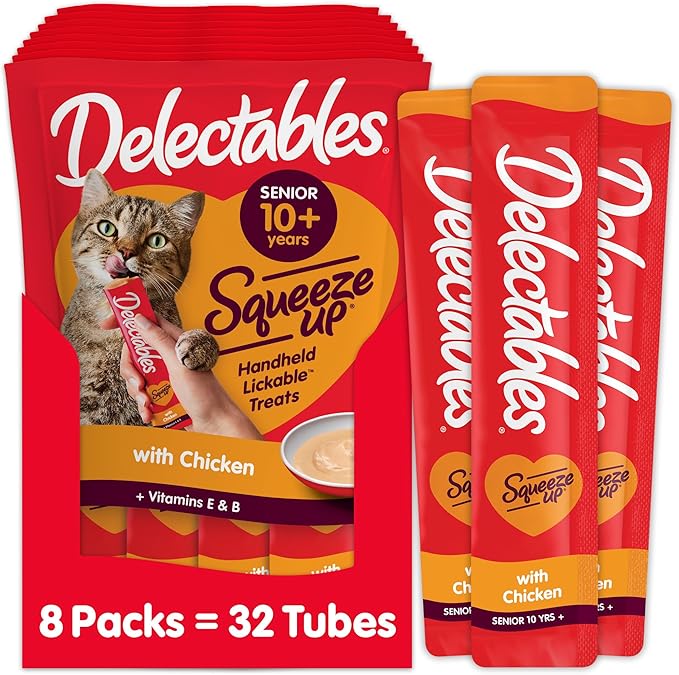 Hartz Delectables Squeeze Up Interactive Lickable Wet Cat Treats for Adult & Senior Cats, Senior Chicken, 32 Count-Mewly Pet