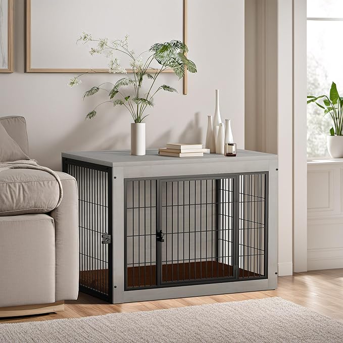 Bigrab Dog Crate Furinture with Thick Cushion, Side End Table Wooden Dog Cage with Double Doors, Chew-Resistant Dog Kennel Dog House Indoor for Small to Large Dog, L (Grey)-Mewly Pet