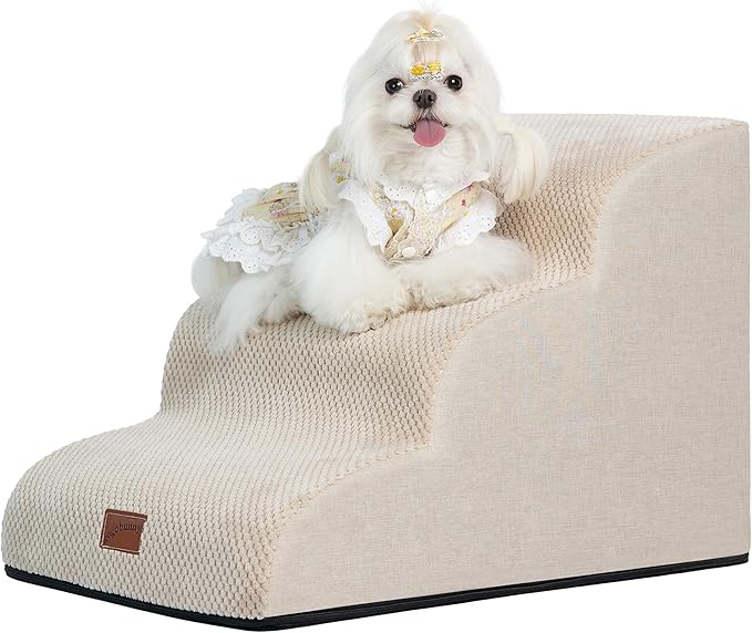 GoGoBunny Ramp Dog Stairs for Couch Sofa and Chair 15.7" H, 3-Step Pet Steps for Small Dogs and Cats, Non-Slip Waterproof Fabric Cover, Stable and Balanced Indoor Step, Pets Friendly, Beige-Mewly Pet