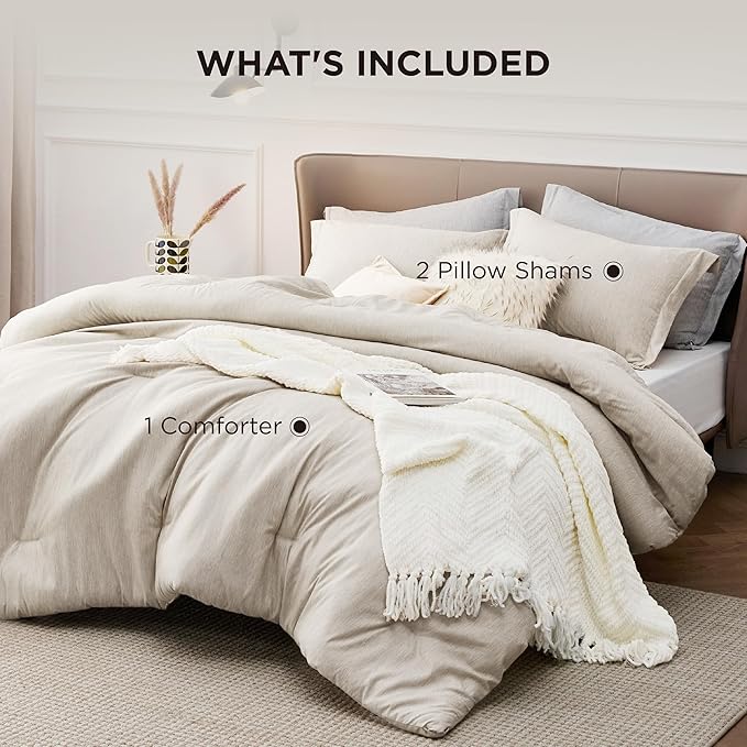 Bedsure Oversized Queen Comforter Set - Beige Soft Bedding for All Seasons, Cationic Dyed Bed Set, 3 Pieces, 1 Oversized Queen Size Comforter (98"x98") and 2 Pillow Shams (20"x26"+2")