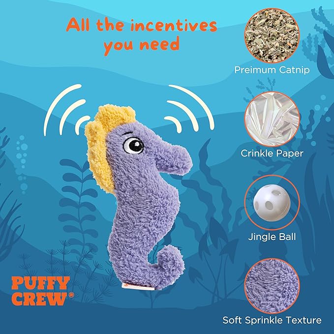 Interactive Catnip Cat Plush Toy, Ocean Theme, 5'', for All Breed Size Cats (Seahorse)-Mewly Pet