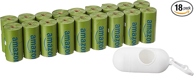 Amazon Basics Dog Poop Bags with Dispenser, 270 Count, Enhanced for Guaranteed Leakproof, Talcum Powder Scented, Includes Leash Clip-Mewly Pet