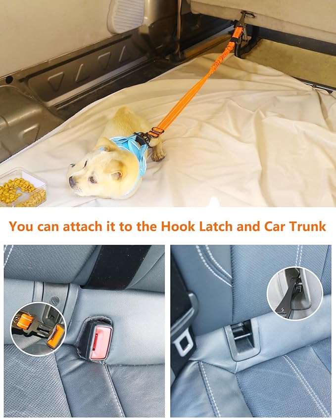 AUBELL Dog Seat Belt for Car,2 Pack Set 3-in-1 Adjustable Reflective Bungee Heavy Duty Dog Car Harness Tether with Clip Hook Latch & Buckle,Swivel Zinc Alloy Carabiner,Black+Orange-Mewly Pet