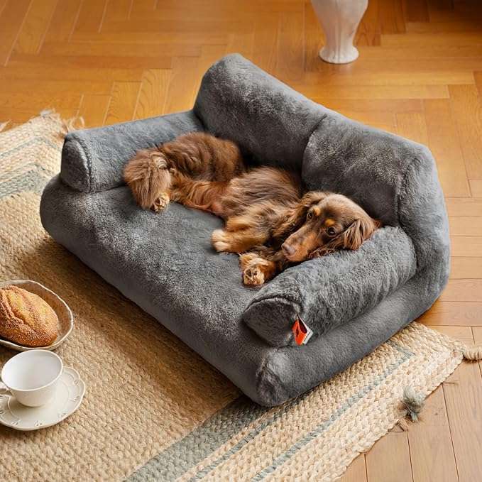 MEWOOFUN Dog Couch, Supportive Small Dog Bed for Puppy and Cats with Removable Washable Cover, Fluffy Cat Couch with Non-Slip Bottom (Dark Grey, 26.0" L X 19.0" W X 13.0" Th)-Mewly Pet