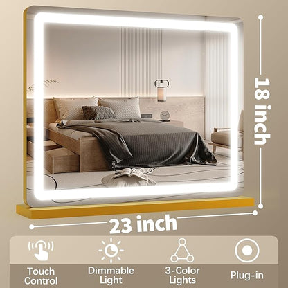 FENNIO 23" x 18" Vanity Mirror with Lights，LED Makeup Mirror，Hollywood Mirror with 3 Color Modes & Adjustable Brightness，Vanity Mirror Gold