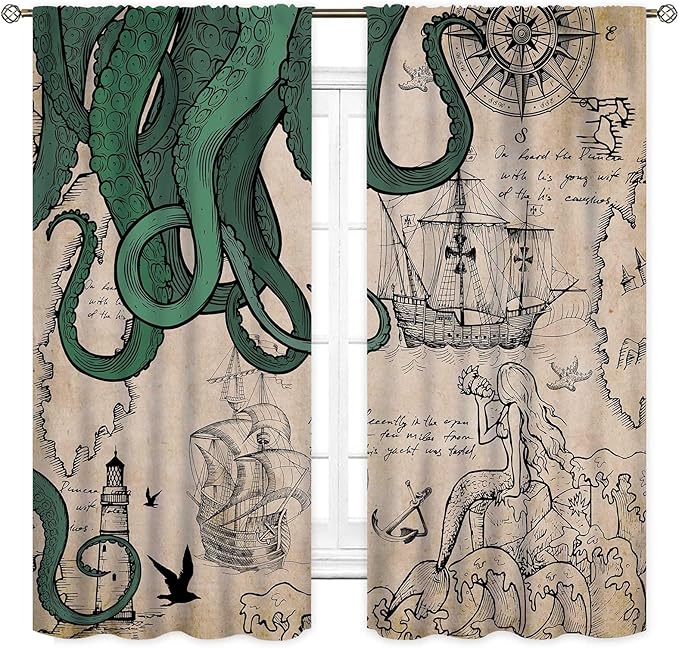 Nautical Octopus Curtains, Coastal Old Pirate Map Sailboat Compass Vintage Magic Ocean Kraken Octopus Tentacles Window Drapery Treatment for Bedroom Living Room Kitchen Bathroom 2 Panels, 42"x45" Inch