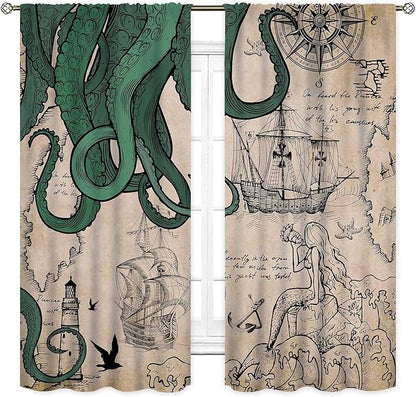 Nautical Octopus Curtains, Coastal Old Pirate Map Sailboat Compass Vintage Magic Ocean Kraken Octopus Tentacles Window Drapery Treatment for Bedroom Living Room Kitchen Bathroom 2 Panels, 42"x54" Inch