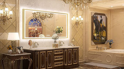 TETOTE 72x36 LED Bathroom Mirror with Lights Gold Metal Framed Front & Back Light Vanity Mirror Baroque Antifog Stepless Dimmable White/Warm/Natural,CRI90+,Waterproof,Wall Mounted(Horizontal/Vertical)