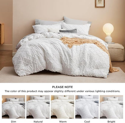 Bedsure Full Comforter Set - White Comforter, Boho Tufted Shabby Chic Bedding for Kids, 3 Pieces Vintage Farmhouse Bed Set for All Seasons, Fluffy Soft Bedding with 2 Pillow Shams