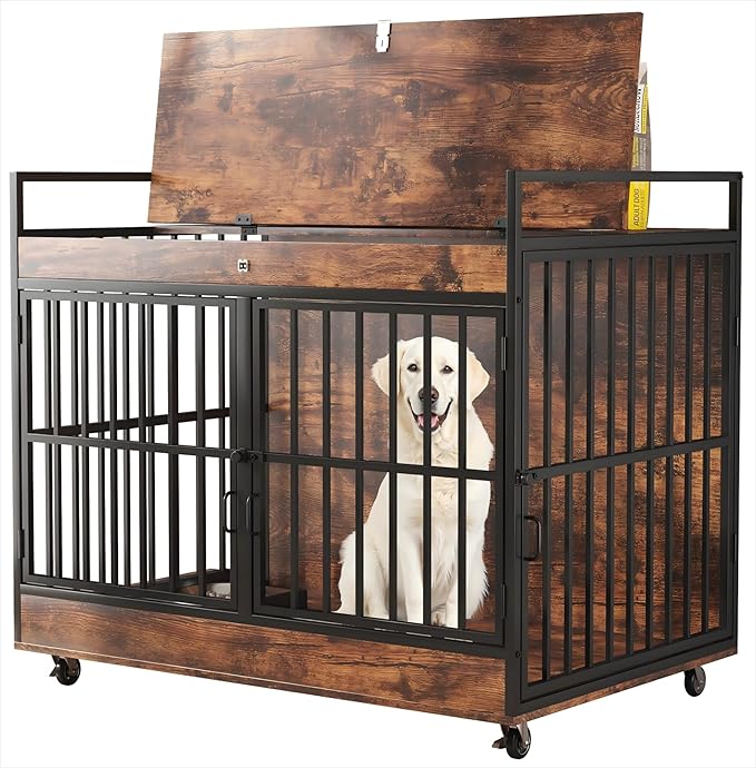 Dog Crate Furniture Large Breed with 2 Stainless Steel Bowls, Large Wooden Dog Crate Table, Escape-Proof & Chew-Proof XL Furniture, Decorate House As TV Stand, End Table, 45" L X 30" W 37" H-Mewly Pet
