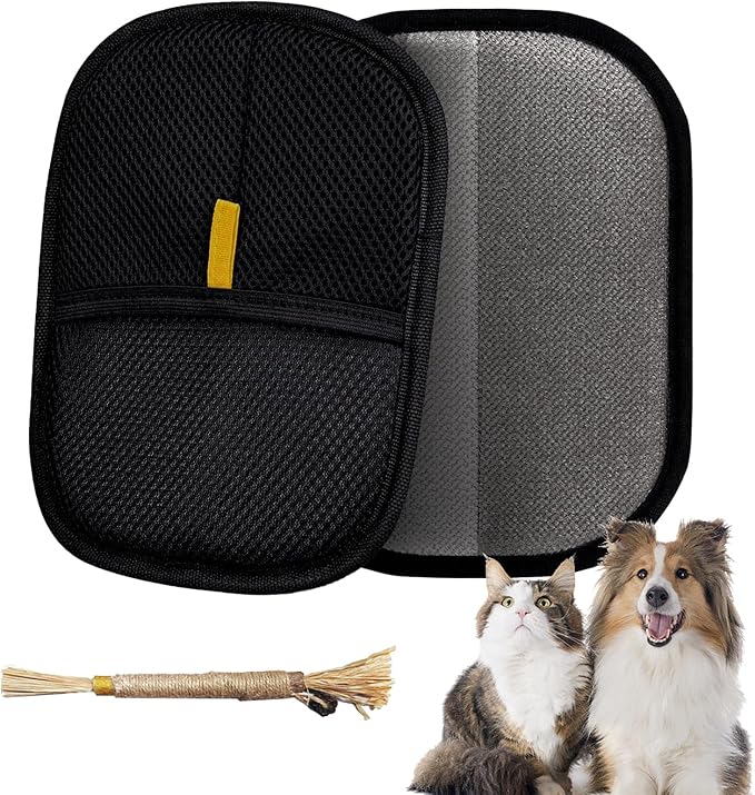 Pet Hair Removal Glove for Furniture, Carpet, Clothes and Car Seats, Electrostatic Cat & Dog Hair Removal Tool, Eco-Friendly Reusable Pet Hair Remover Glove with Silvervine Sticks (2 Gloves & 1 Stick)-Mewly Pet