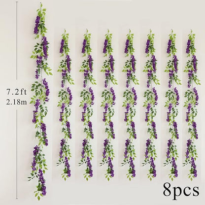 Wisteria Artificial Flowers Garland, 8Pcs Total 57.6ft Silk Faux Wisteria Vine Kit, Hanging Flower Plant for House Outdoor Garden Ceremony Outside Wedding Arch Floral Decor (8, Purple)