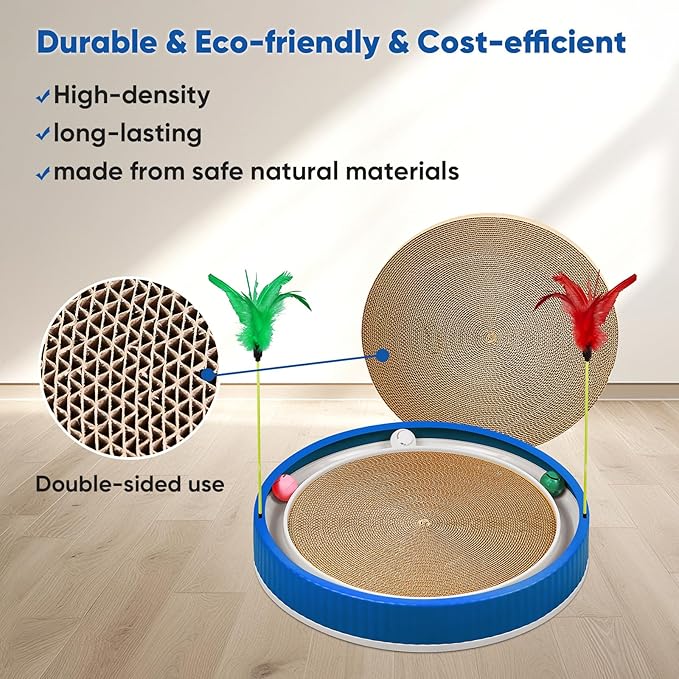 20-Inch Round Cat Scratcher with Ball Track – 3-in-1 Cardboard Scratching Pad with Feather Toy & Non-Slip Base – Interactive Cat Toy for Indoor Cats, Kittens & Large Cats (Blue)-Mewly Pet