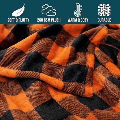 PAVILIA Black and Orange Buffalo Plaid Fleece Throw Blanket for Couch, Soft Halloween Flannel Blanket for Sofa, Orange Checkered Plaid Fall Couch Throw, Warm Cozy Fall Bed Blanket Decor Gift, 50x60