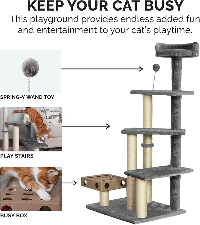 Furhaven 49.5" Tall Cat Tree for Indoor Cats, Ft. Sisal Scratching Posts, Plush Ball Toy, & Busy Box Toy - Tiger Tough Play Stairs Interactive Playground Tower - Gray, One Size-Mewly Pet