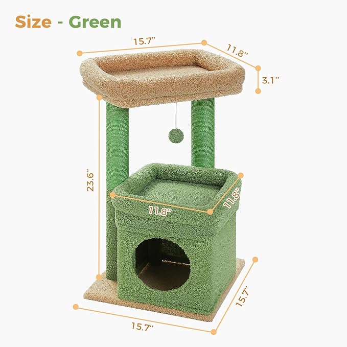PEQULTI Cat Tree Cactus Cat Tower for Indoor Cats with Private Cozy Cat Condo, Natural Sisal Scratching Posts and Plush Pom-pom for Small Cats Green-Mewly Pet