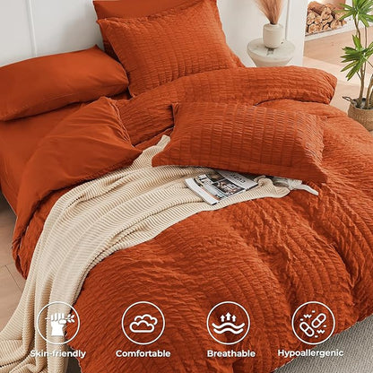 HYMOKEGE Burnt Orange Full Size Comforter Sets Seersucker 7 Pieces, All Season Luxury Bed in a Bag for Bedroom, Bedding Set with Comforters, Sheets, Pillowcases & Shams