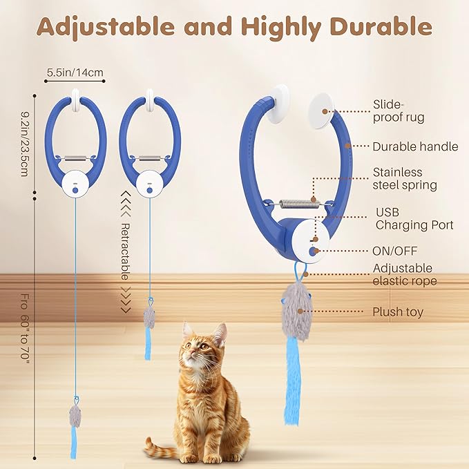 Interactive Cat Toys Rechargeable, Feather Toy for Indoor Cat, Hanging Retractable Teaser Toy, Automatic Kitten Play Chase Exercise Toys with Three Plush Mouse, USB Powered (Blue)-Mewly Pet
