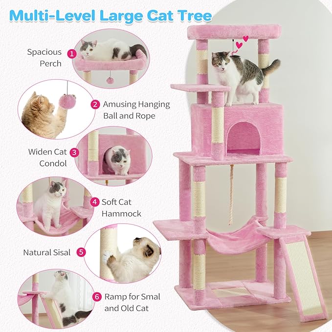 Cat Tree Tower 63in Multi-Level Cat Tower for Indoor Cats with Sisal Scratching Posts, Condo, Hammock, Dangling Ball and Extended Platform for Cats to Play, Pink-Mewly Pet