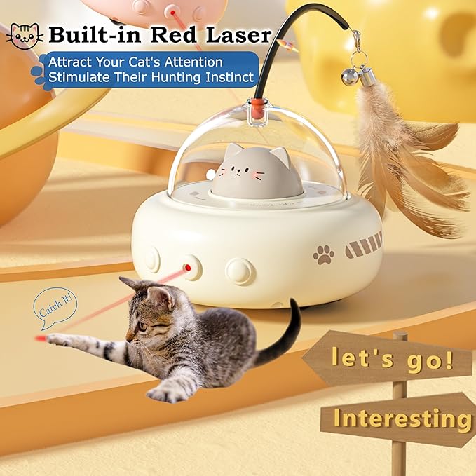 hooroor 2-in-1 UFO Laser Cat Toy – Automatic Motion with Feather, Rechargeable Smart Sensor Interactive Toy for Indoor Cats & Dogs, Fun Exercise & Play, Perfect Pet Gift-Mewly Pet