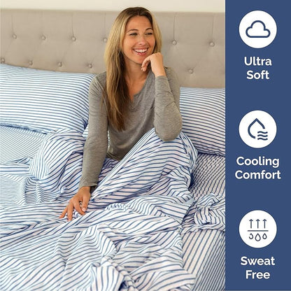 Cal King 6 Piece Sheet Set - Comfy Breathable & Cooling - Soft Hotel Luxury Bedding Set w/ 8-16 Inch Deep Pockets - 1 Flat & 1 Fitted Sheet & 4 Pillowcases - Wrinkle Free & Easy Care - Blue Stripes 2