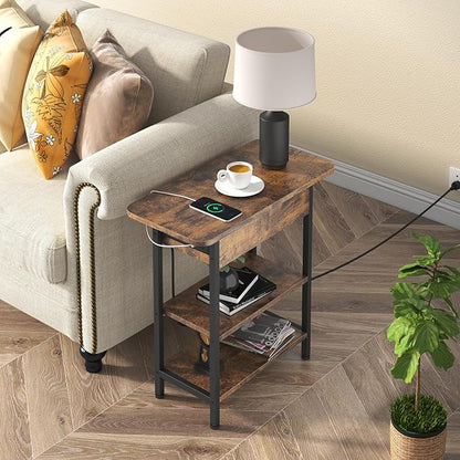 LIDYUK Set of 2 Brown End Tables with Charging Station, Narrow Side Tables for Small Spaces, Nightstands, Living Room, Brown