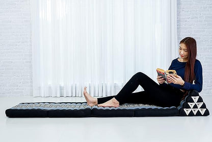 Leewadee Comfortable Japanese Floor Mattress - Thai Floor Bed with Triangle Cushion - Futon Mattress - XL Extra Long Thai Massage Mat, 89 x 20 inches, Blue, Kapok Filling