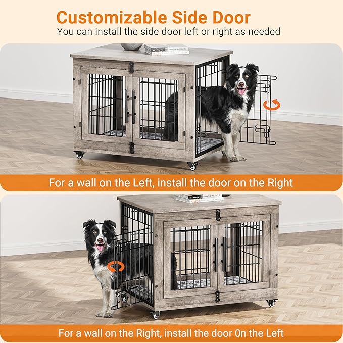 Lulive Dog Crate Furniture Set of 2, Dog Kennel Indoor Double Doors Wooden Dog Cage, 32'' Heavy Duty Dog Crate with Cushion & Wheels, End Table Pet House Chew-Resistant Up to 45 lb, Grey-Mewly Pet