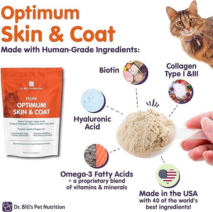 Dr. Bill’s Feline Optimum Skin & Coat – Fish Oil Omega-3 Fatty Acids for Cats Healthy Fur | Reduce Shedding and Hairballs with Biotin, Type I & III Marine Collagen, Hyaluronic Acid, & Folic Acid-Mewly Pet