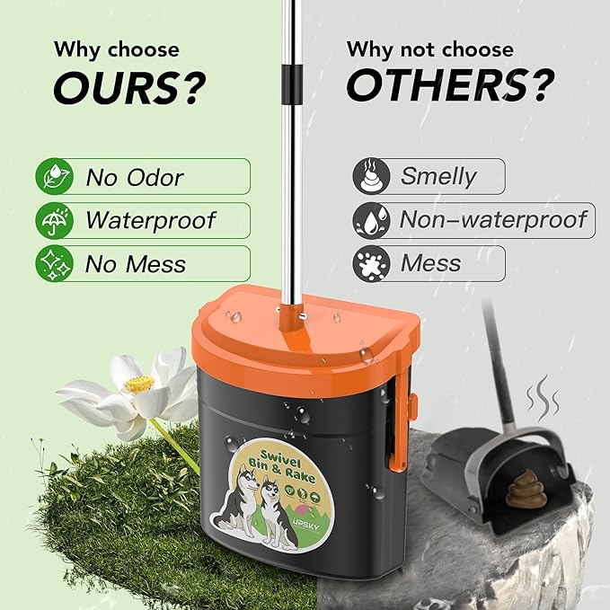UPSKY Dog Pooper Scooper Swivel Bin & Rake Kit with 100 Waste Bags,33.4" Stainless Steel Long Handle Heavy Duty Pet Poop Shovel for Large Medium Small Dogs, Odor-Proof Lid for Yard/Lawn/Outdoor Use-Mewly Pet