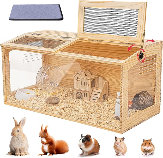 Hamster Cage 40 Inch Wooden Chewproof, 270° View Habitat with Bite-Proof Metal Mesh & Dual Access Doors, Acrylic Sheets & Solid Build for Dwarf Syrian Hamsters/Gerbils/Guinea Pigs/Chinchillas-Mewly Pet