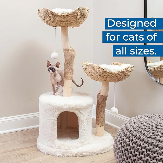 The Bungalow Cat Tree - Luxury Cat Condo, Large Modern Indoor Tower with 2 Faux Fur Beds, Scratching Posts, Toys, and Den for Cats, 23.5-Inch Width x 18-Inch Depth x 43-Inch Height-Mewly Pet
