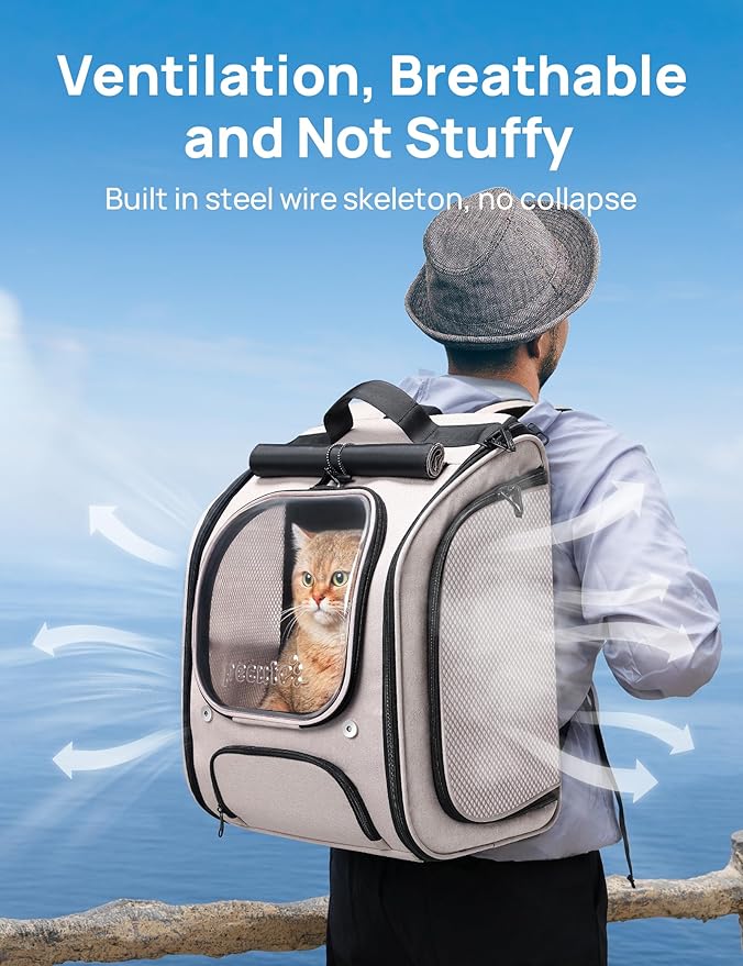 Pecute Cat Backpack Carrier, Large Space Cat Bubble Backpack, Breathable Cat Carrier, Shaded Dog Backpack Carrier, Ergonomic 3D Design for Travel, Hiking, Suitable for Shopping, and Vet, Khaki-Mewly Pet