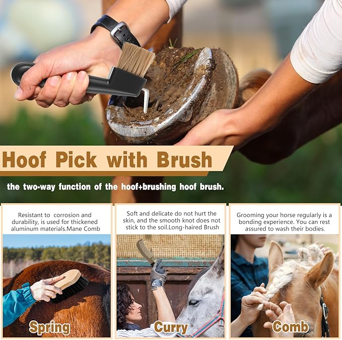 Abbylike 12 Pieces Horse Grooming Kit Racing Festival Tack Room Supplies Horse Brush Sets Equine Care Cleaning Kit Shedding Grooming Massaging Tools(Dark Gray)-Mewly Pet