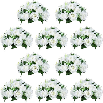 NUPTIO 10 Pieces White Fake Flower Ball Arrangement Bouquet 15 Heads Plastic Roses with Base, Suitable for Wedding Centerpiece Flower Rack for Parties Home Décor