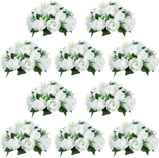 NUPTIO 10 Pieces White Fake Flower Ball Arrangement Bouquet 15 Heads Plastic Roses with Base, Suitable for Wedding Centerpiece Flower Rack for Parties Home Décor