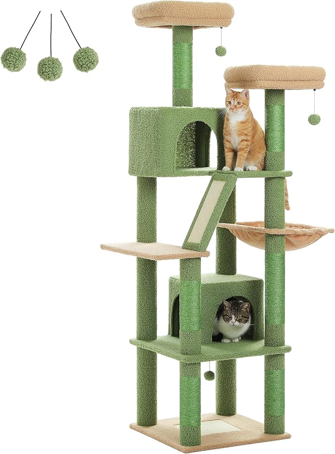 PAWZ Road 70 Inch Cat Tower, Cactus Cat Tree with 2 Cozy Condos, 2 Plush Perch, Large Basket, 2 Scraching Pad & 6 Scraching Posts for Indoor Cats Large Adult-Mewly Pet
