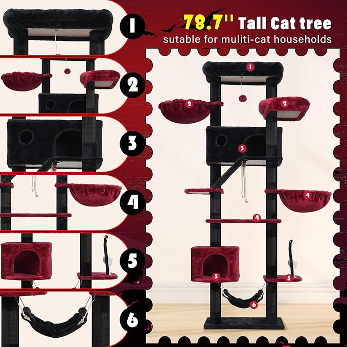 Gothic Cat Tree for Large Cats, 78.7"(200cm) Tall Cat Tower for Indoor Cats Multiple Cats with Large Top Perch, Cat Condo, Cat Hammcok, Cat Scratching Post, Black and Red GCT031BR-Mewly Pet