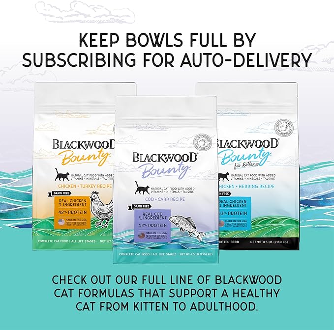 Blackwood Bounty Dry Cat Food, Cod & Carp Recipe for All Life Stages, 4.5 Pound Bag, High Protein, Grain Free-Mewly Pet
