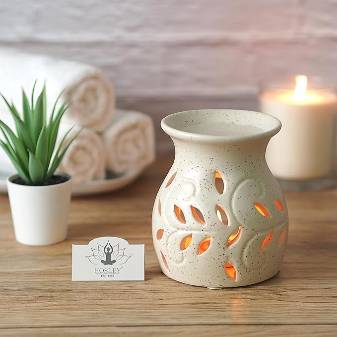 Hosley Elegant Ceramic Oil Warmers with Leaf Pattern and Speckle Design 4.5 Inches High Tealight Compatible for Aromatherapy and Home Decor Set of 6