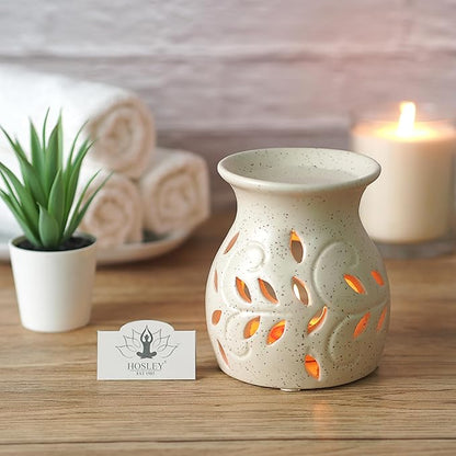 Hosley Elegant Ceramic Oil Warmers with Leaf Pattern and Speckle Design 4.5 Inches High Tealight Compatible for Aromatherapy and Home Decor Set of 6