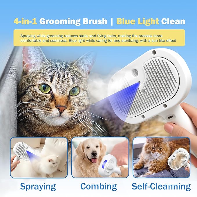 4-in-1 Pet Grooming Steam Brush for Cats & Dogs – Steam Spray, Blue Light, Hair Removal, Self-Cleaning Comb – Includes Pet Waterless Shampoo-Mewly Pet