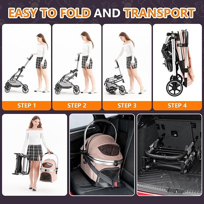 Kenyone 3-in-1 Pet Stroller for Small Medium Dogs Puppy Cat Stroller with Detachable Carrier & Pad Lightweight Foldable Aluminum Alloy Frame Dual No-Zip Entry(Pink)-Mewly Pet
