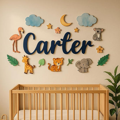 Custom Nursery Name Sign with Themed Decor Kit | Personalized Wooden Wall Art for Baby, Kids Room | Space, Jungle, Circus, Under The Sea, Woodland, Rainbow (20", Jungle/Safari)