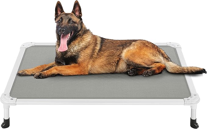 Veehoo Chew Proof Elevated Dog Bed - Cooling Raised Pet Cot - Silver Aluminum Frame and Durable Textilene Mesh Fabric, Unique Designed No-Slip Feet for Indoor or Outdoor Use, Grey, Large, CWC2003-Mewly Pet
