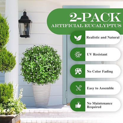 23" Set of 2 Artificial Boxwood Topiary Ball with Spikes Gypsophila Flowers for Outdoor, UV Resistant Faux Greenery Shrubs, Realistic Fake Bushes Plants for Garden, Yard, Front Porch, Patio Decor