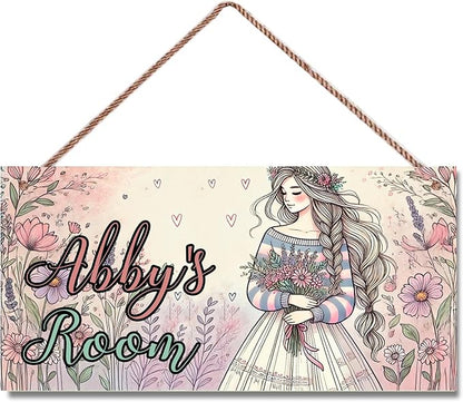 Personalized Name Door Sign Beautiful Girl Décor Wall Art Sign, Custom Name Wooden Signs Hanging Décor For Kids Room