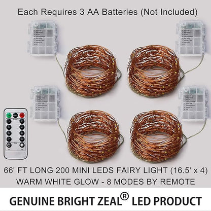 Bright Zeal 66 Ft 200 LED 8 Mode Christmas Fairy Lights Battery Operated with Remote - Warm White Multifunction Christmas Lights with Timer -Dimmable Flashing Chasing Twinkle Lights Outdoor