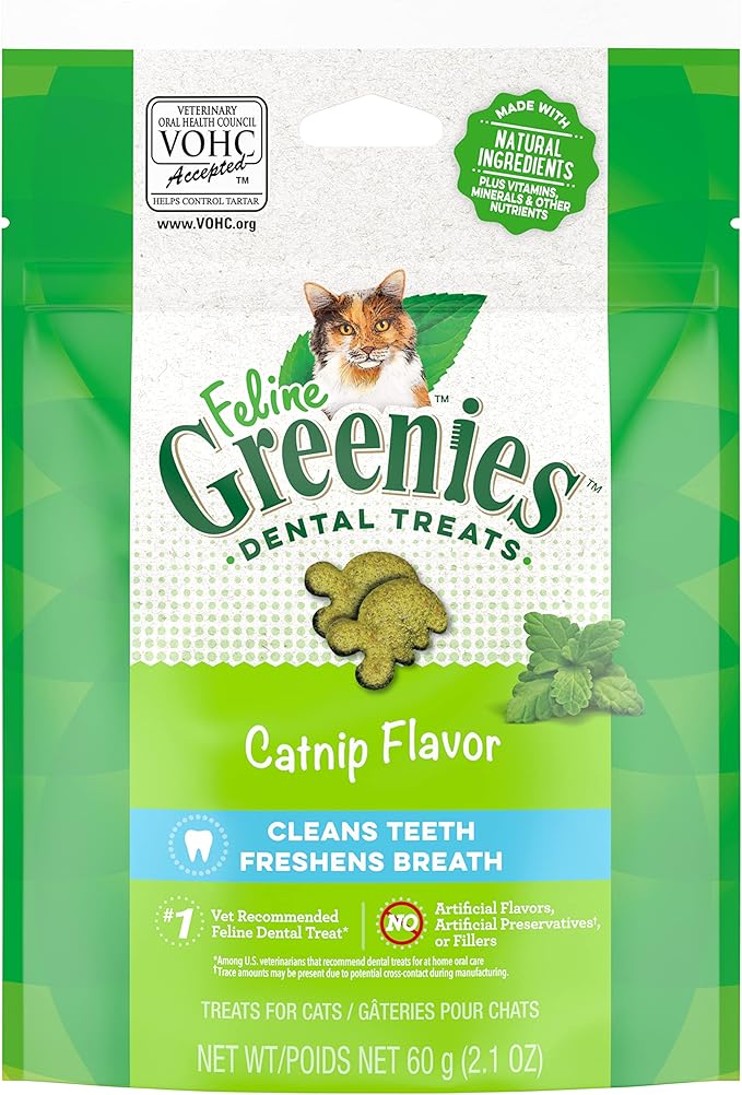Greenies Feline Adult Dental Cat Treats, Catnip Flavor, 2.1 oz. Pack-Mewly Pet