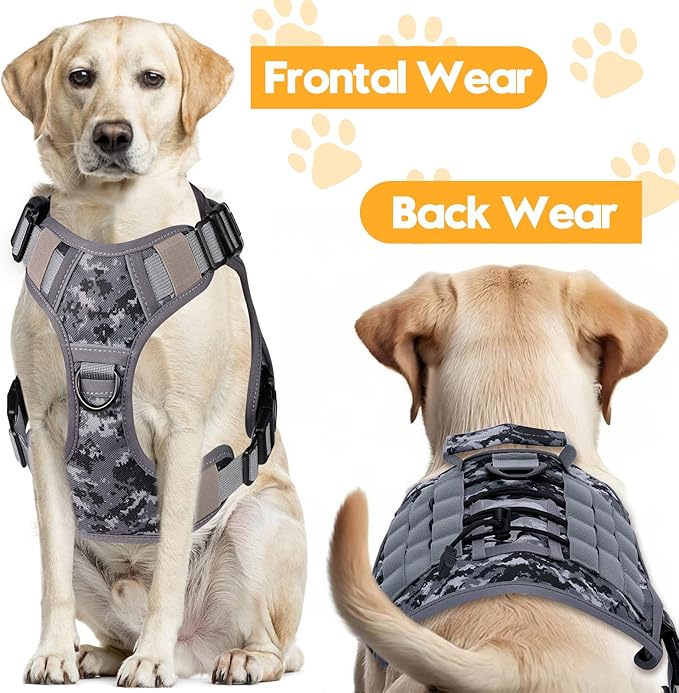 Heavy-Duty Tactical Dog Harness for Large Dogs, No Pull Adjustable Reflective Pet Vest with Molle System, K9 Military-Grade Control for Service Training, Outdoor & 10+ Breeds, Gray Camo, Large-Mewly Pet